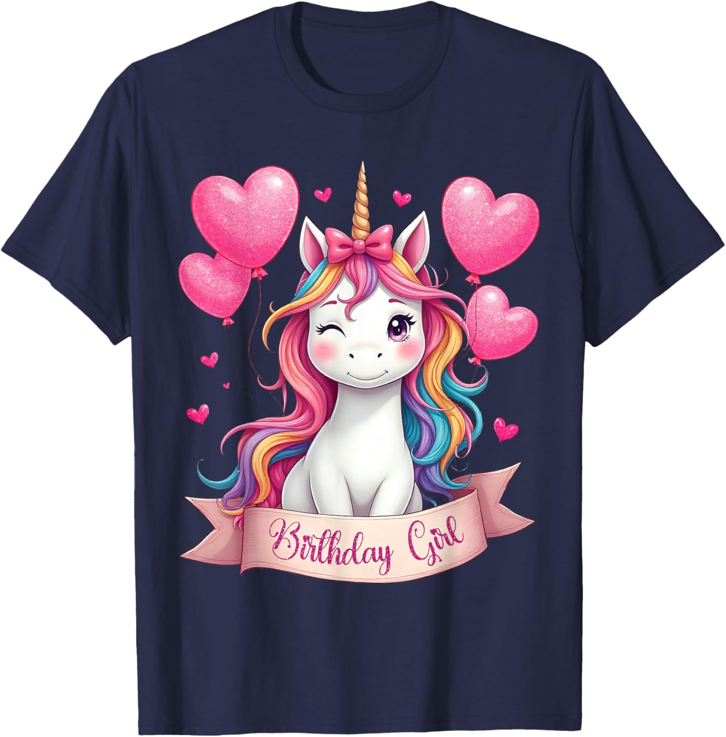 Unicorn Birthday Girl Rainbow Unicorn with Heart Balloons T-Shirt - T-Shirt | Navy