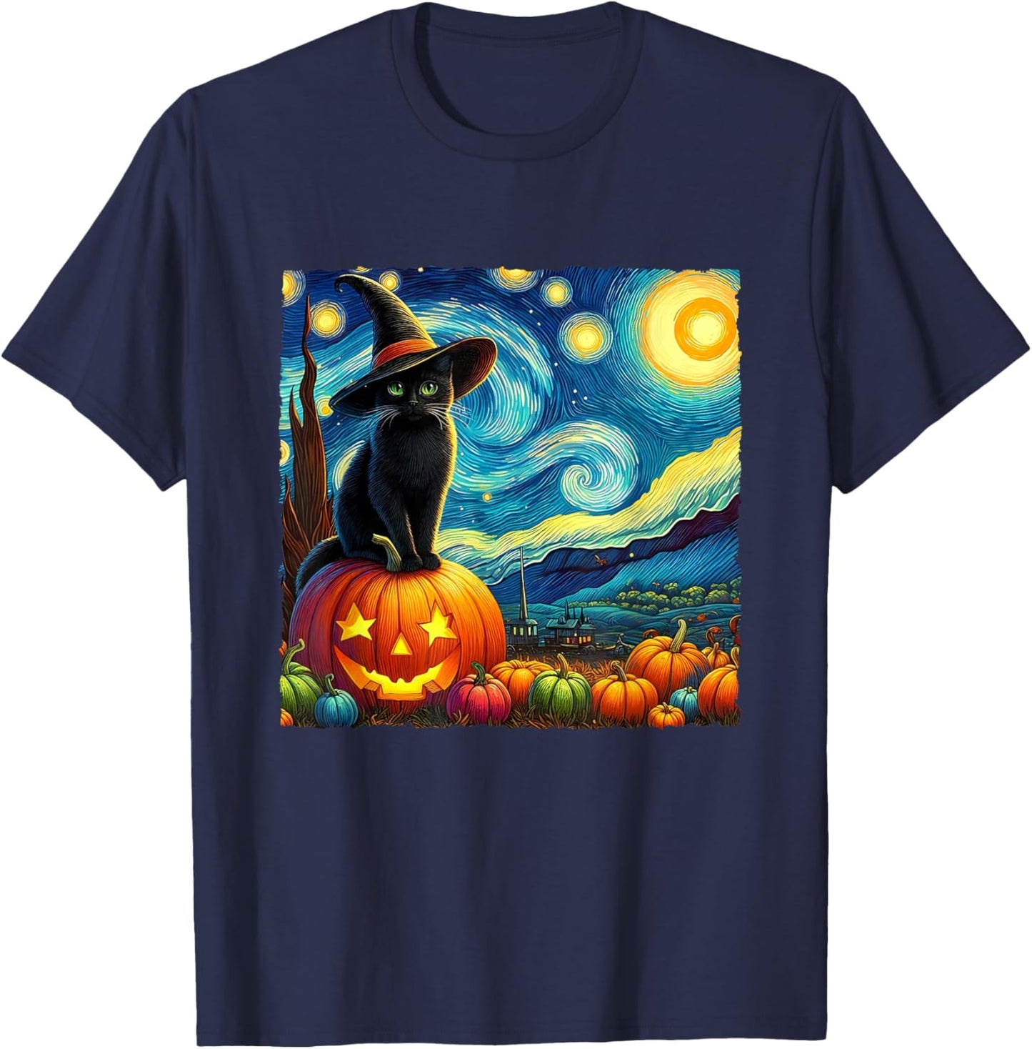 Halloween Van Gogh Starry Night Black Cat Witch Hat Pumpkins T-Shirt - T-Shirt | Navy