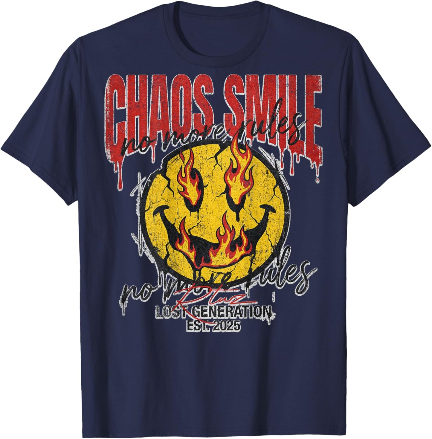 Backprint Streetwear Mode Fashion Damen Herren Retro Smile T-Shirt - T-Shirt | Navy
