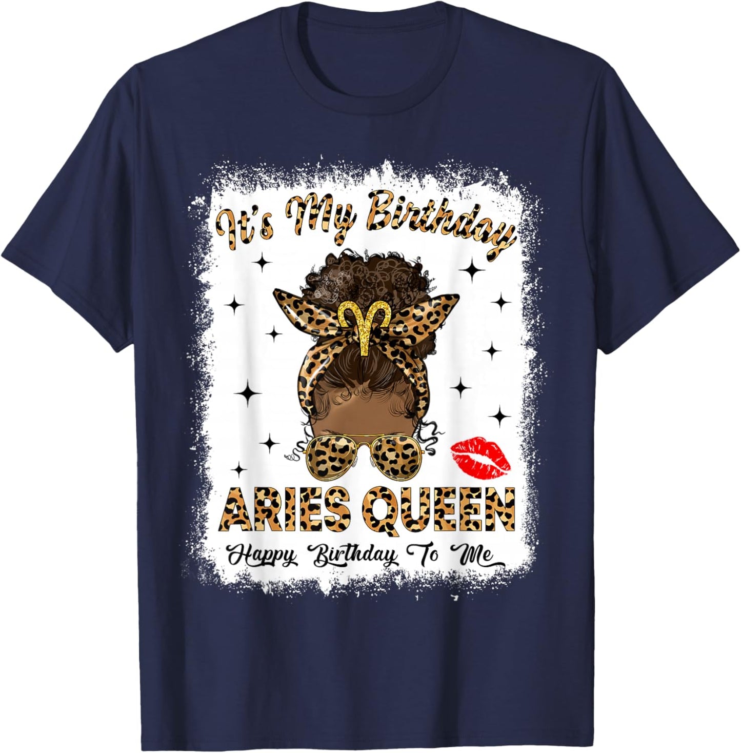 Aries Queen Afro Messy Bun It's My Birthday Black Woman T-Shirt - T-Shirt | Navy