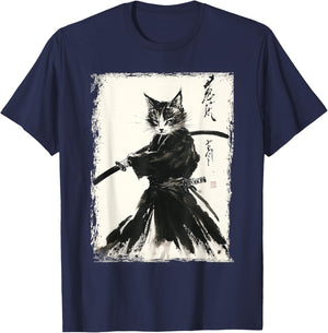 Samurai Cat Ukiyo-e Vintage Art Warrior Graphic T-Shirt - T-Shirt | Navy