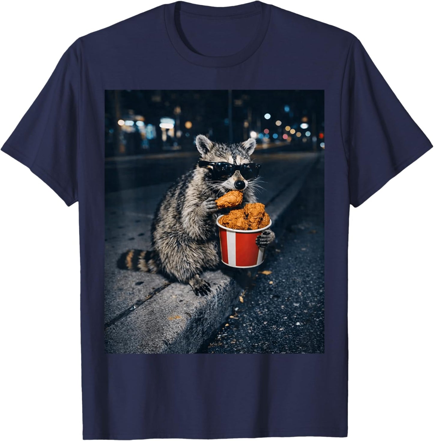 Raccoon Eating Fried Chicken Meme Silly Trash Panda Animal T-Shirt - T-Shirt | Navy