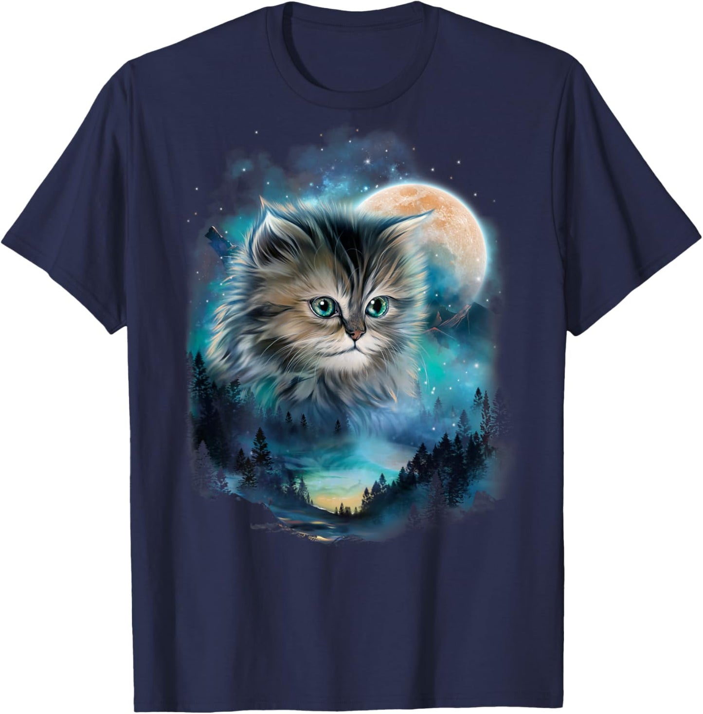 Mystical Cat Under Moonlit Forest Sky Men Women Kids T-Shirt - T-Shirt | Navy