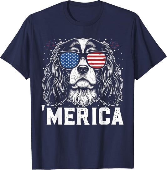 Cavalier King Charles Merica 4th of July USA Dog Lover T-Shirt - T-Shirt | Navy