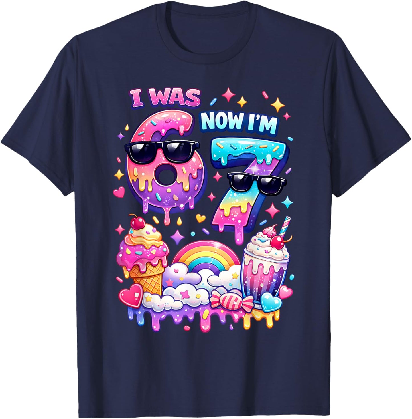 I was 6 Now I'm 7 Ice Cream Dripping 67 Meme Kindergeburtstag T-Shirt - T-Shirt | Navy