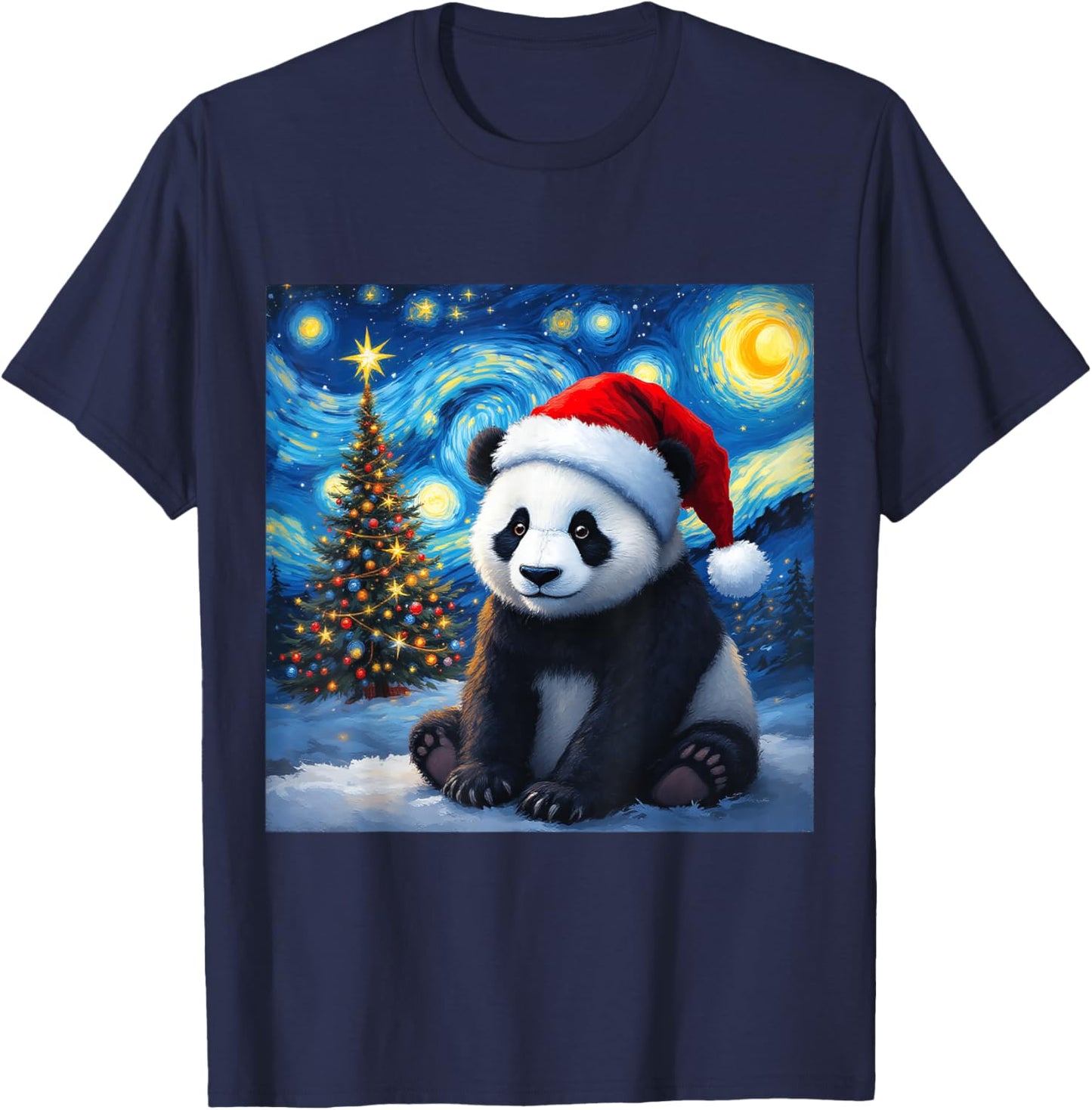 Christmas Panda Santa Hat Van Gogh Starry Night Holiday T-Shirt - T-Shirt | Navy