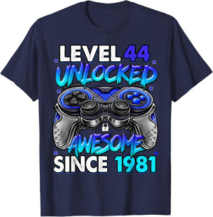Level 44 Unlocked Awesome Since 1981 44th Birthday Gaming T-Shirt - T-Shirt | Navy