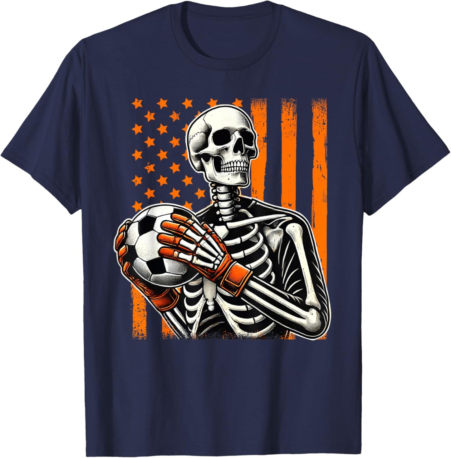 Skeleton Goalkeeper Holding Soccer Ball Goalie Halloween USA T-Shirt - T-Shirt | Navy