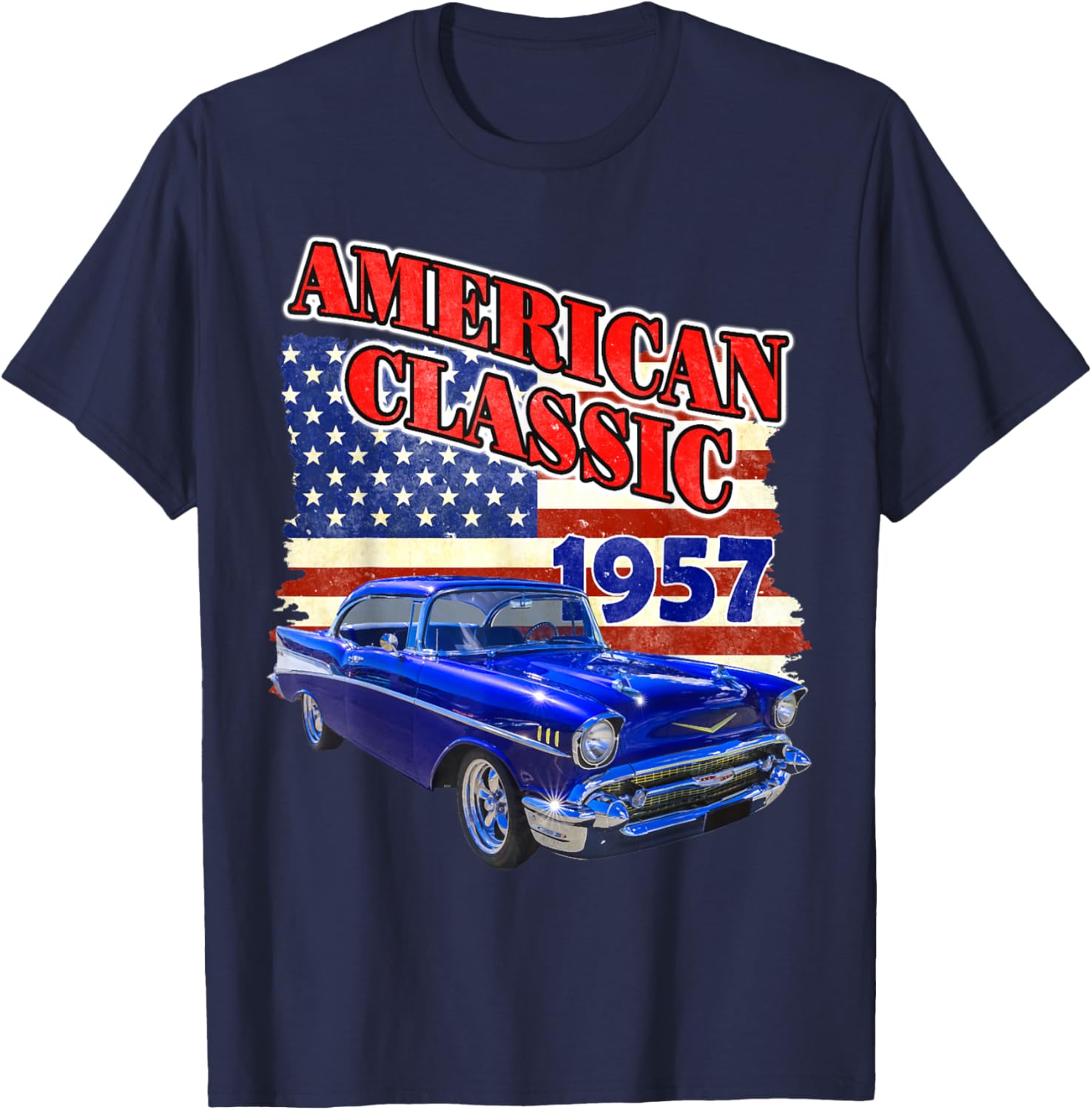 1957 57 Bel Air Classic car Old School Hot Rod American Flag T-Shirt - T-Shirt | Navy
