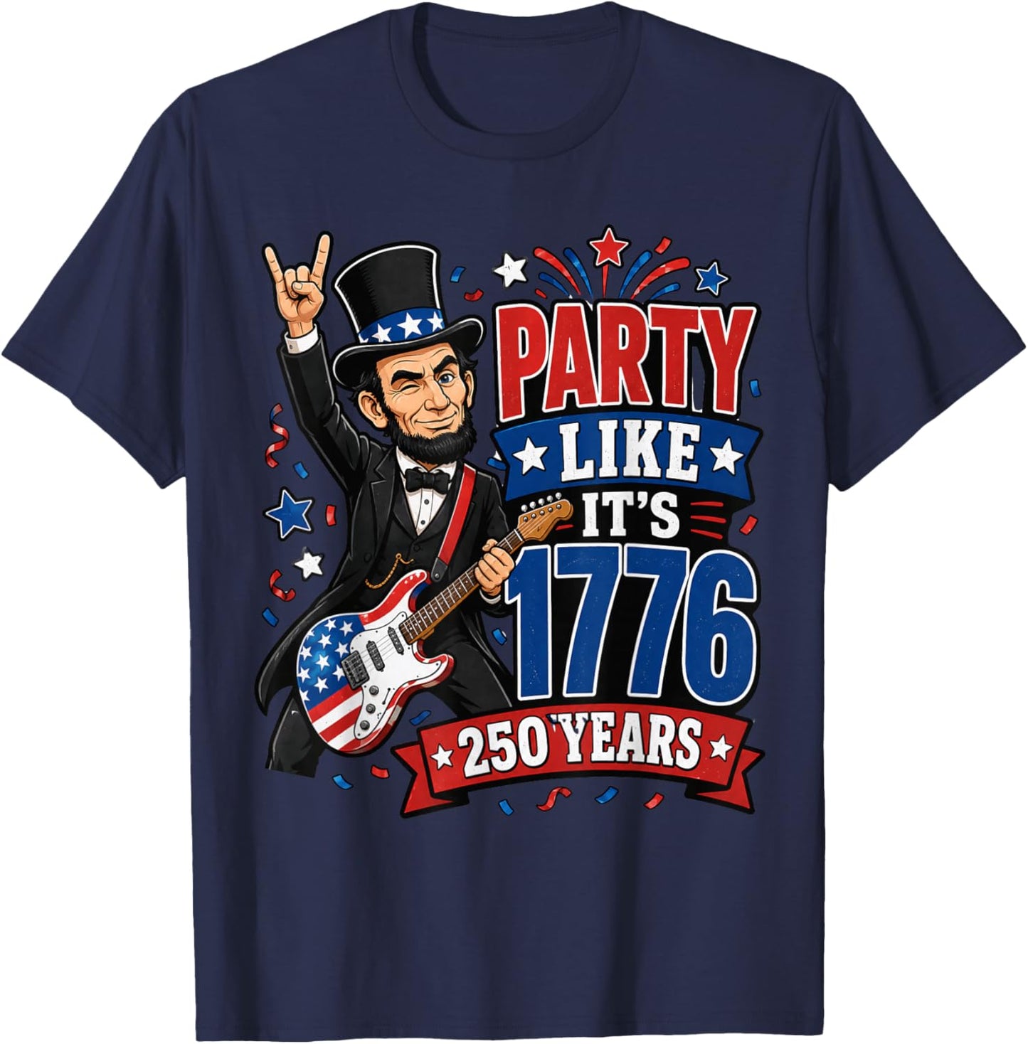 Lincoln 1776 Rock Party USA 250th Birthday Patriotic Guitar T-Shirt - T-Shirt | Navy