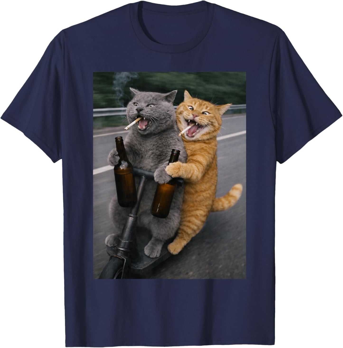 Funny Cat Smoking Cigarette and Drinking T-Shirt - T-Shirt | Navy