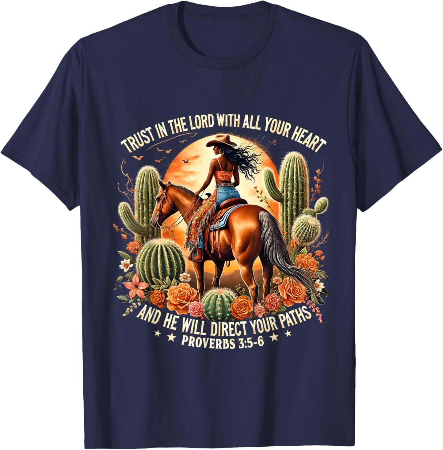 Vintage Western Christian Cowgirl Proverbs 3:5-6 Faith T-Shirt - T-Shirt | Navy