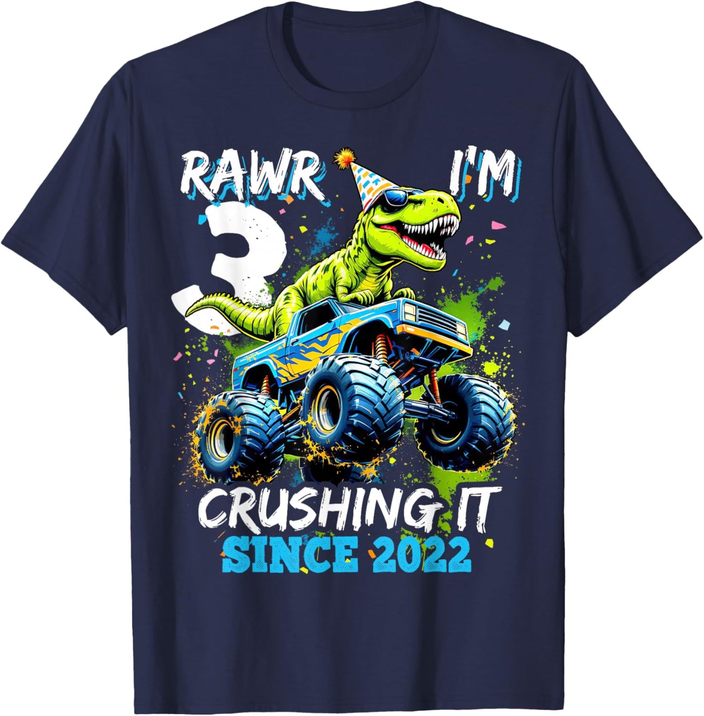 3rd Birthday Monster Truck Dinosaur Party Boys Rawr I'm 3 T-Shirt - T-Shirt | Navy
