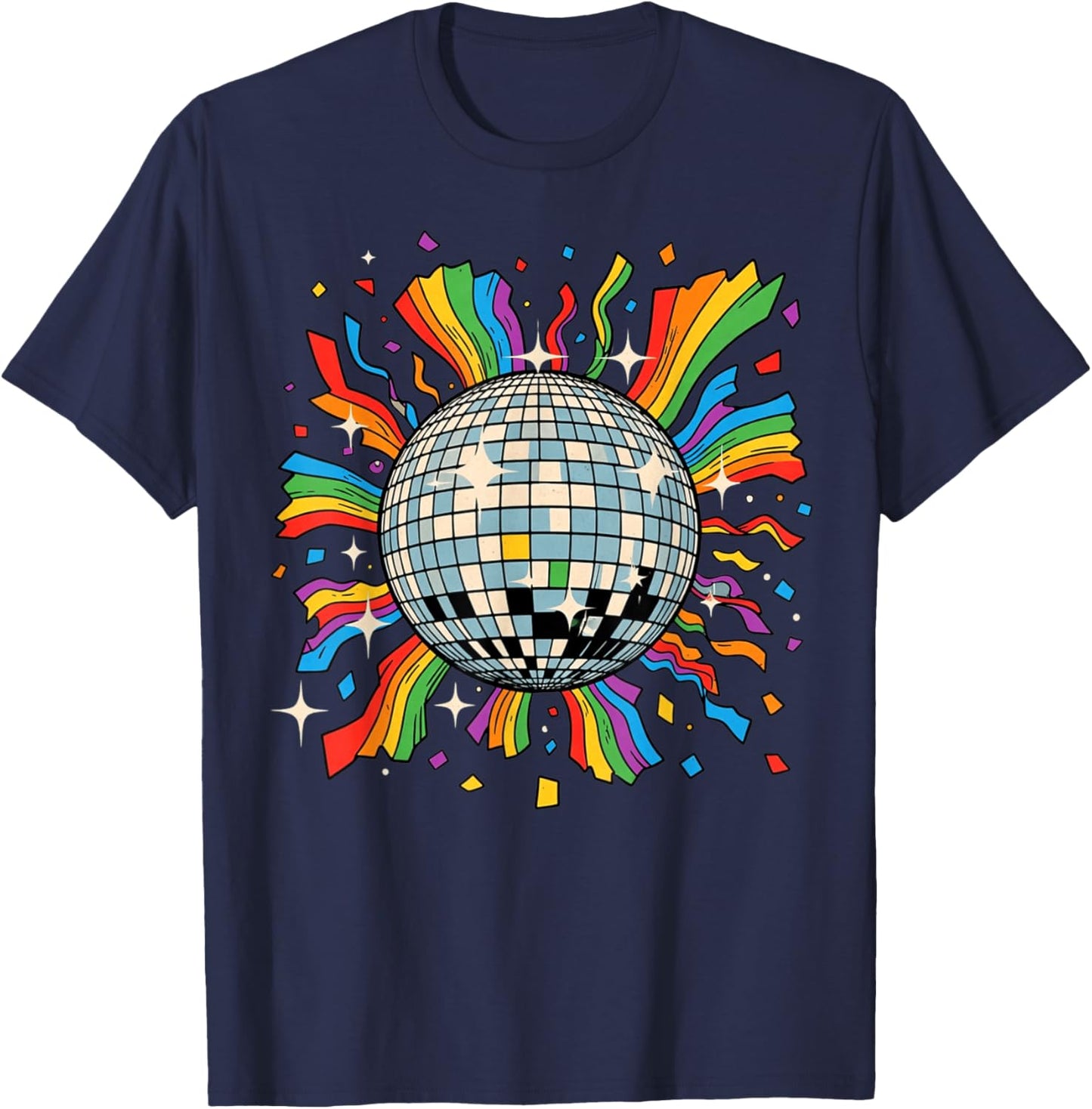 Retro Streamers and Confetti Disco Ball Party T-Shirt - T-Shirt | Navy