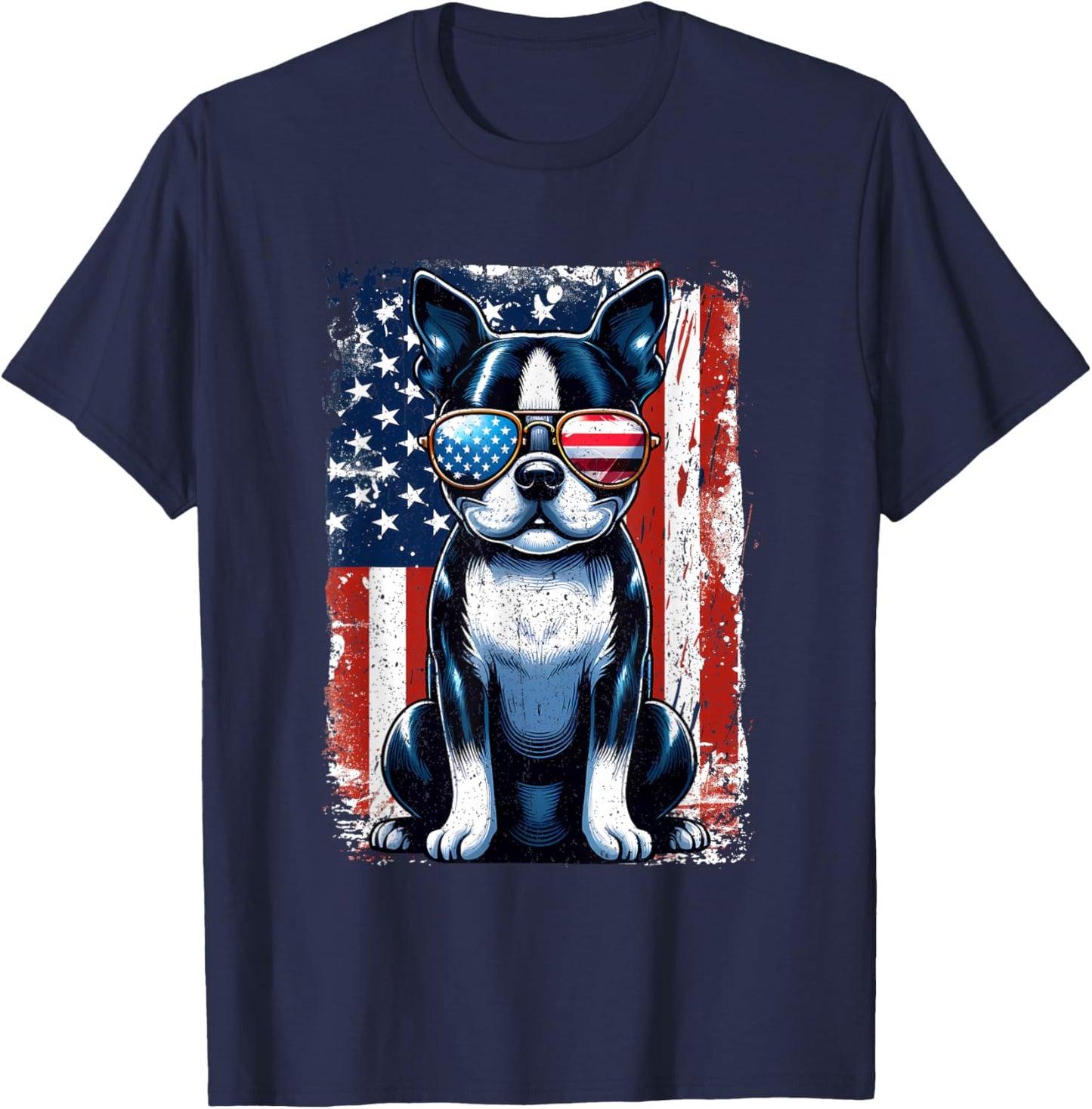 Vintage Boston Terrier Dog American USA US Flag Pets Lovers Women Girls Kids T-Shirt - T-Shirt | Navy
