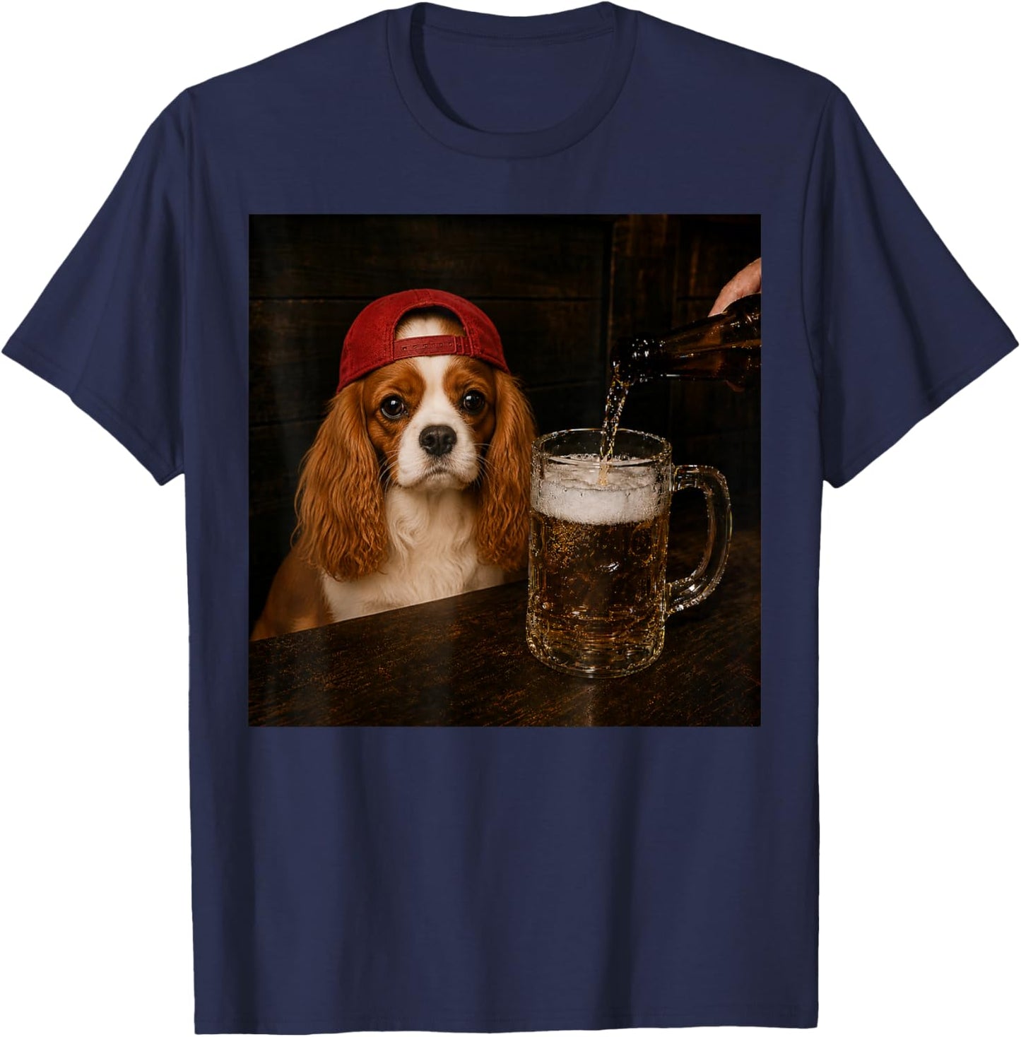 Cavalier King Charles Spaniel Drinking Beer Funny Dog Meme T-Shirt - T-Shirt | Navy