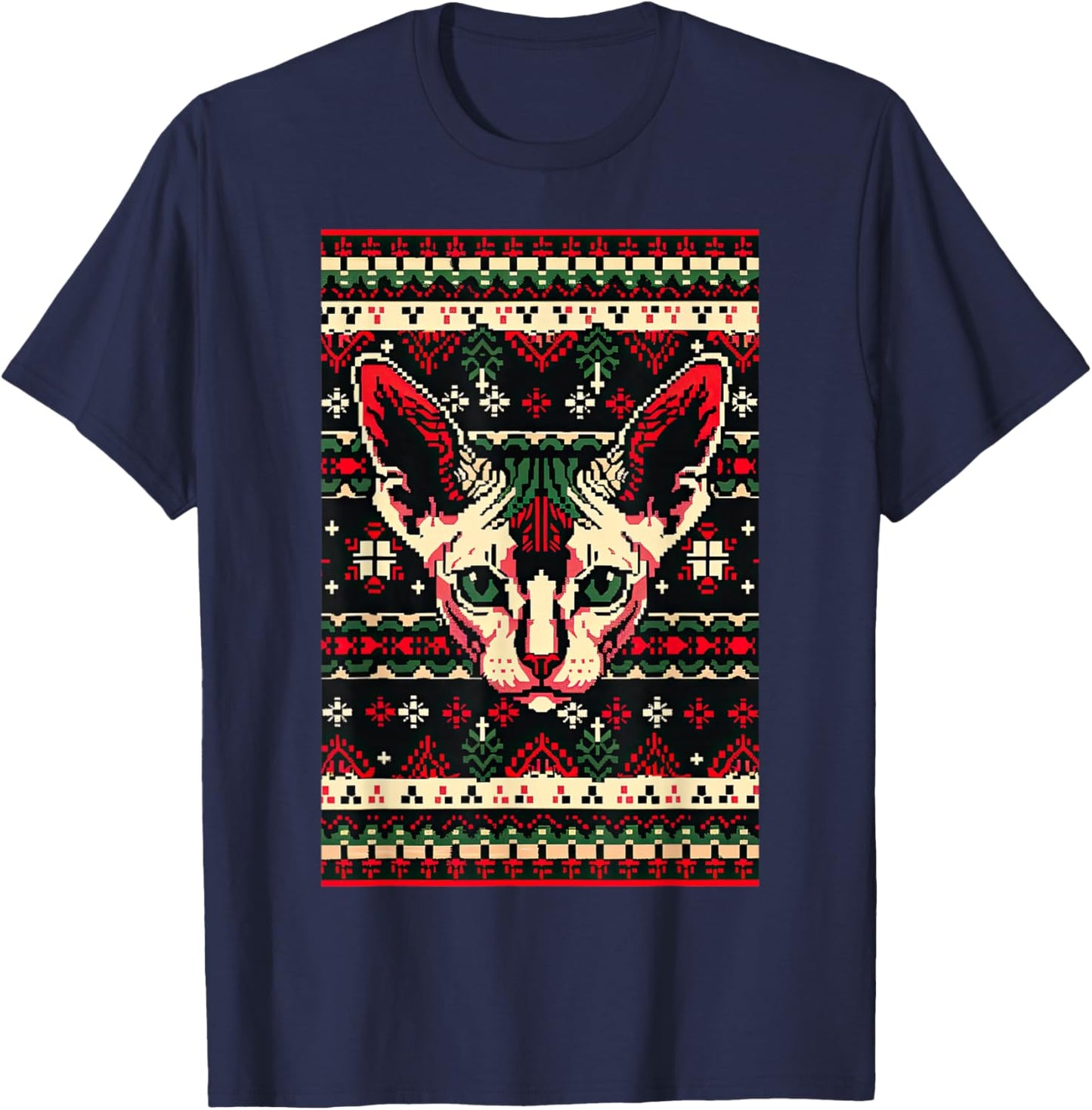 Christmas Ugly Sweater Sphynx Cat Funny Xmas T-Shirt - T-Shirt | Navy