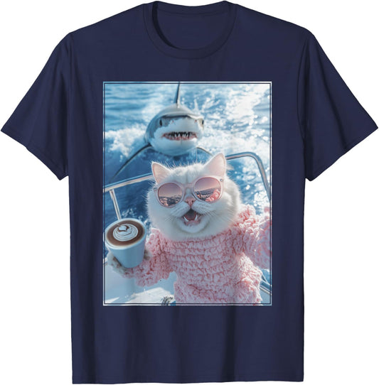 Cat with Sunglasses and Coffee on Yacht Boat Shark Cat Meme T-Shirt - T-Shirt | Navy