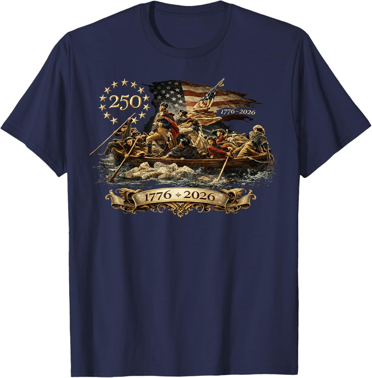 250 America George Washington Boat 2026 July 4 American Flag T-Shirt - T-Shirt | Navy