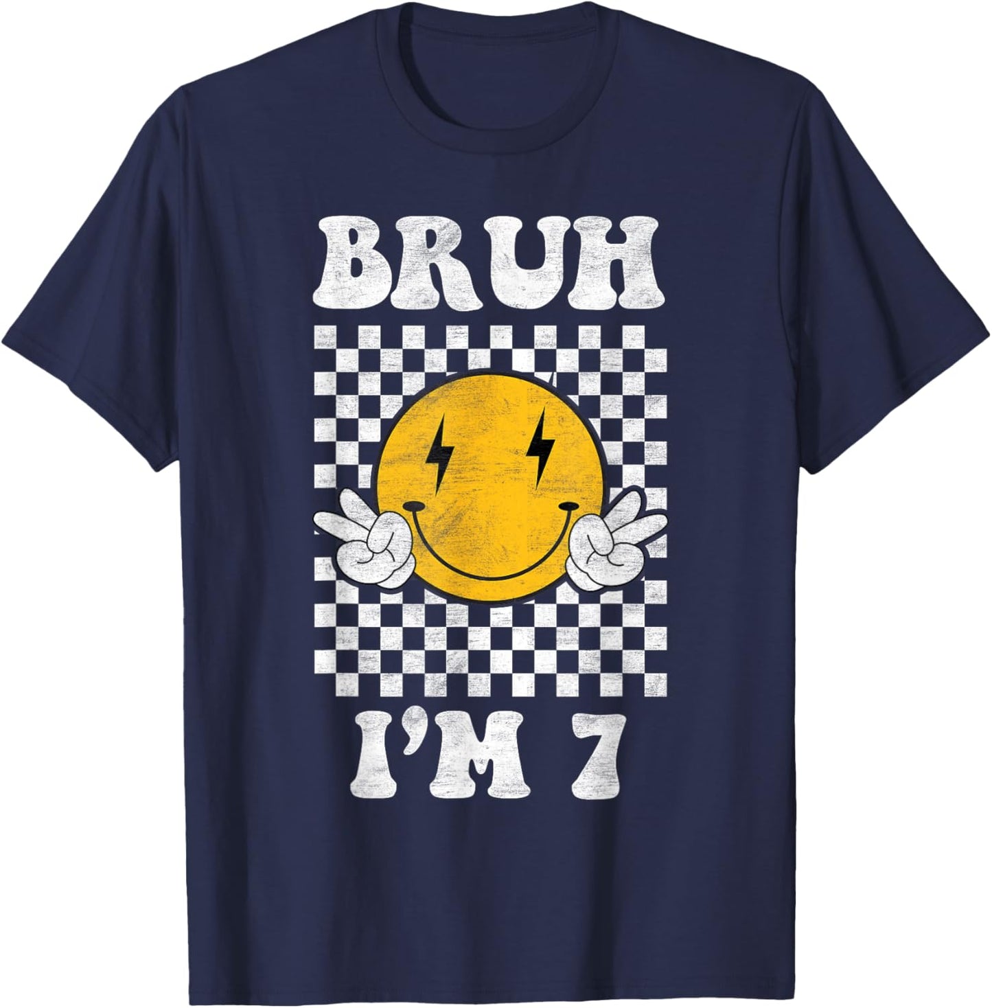 Bruh I'm 7 year old Groovy retro 7th Birthday Vintage T-Shirt - T-Shirt | Navy