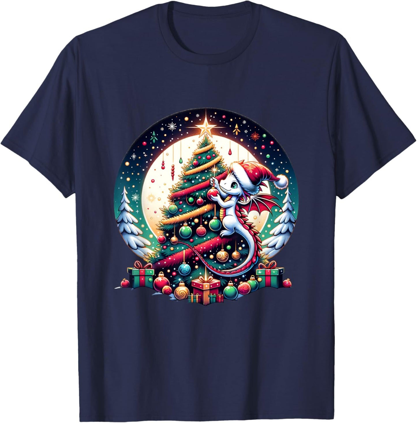Christmas Dragon Decorates Christmas Tree - Merry Christmas T-Shirt - T-Shirt | Navy
