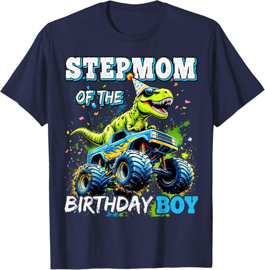 Stepmom of the Birthday Boy Monster Truck Dinosaur Party T-Shirt - T-Shirt | Navy