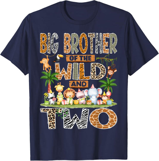 Big Brother of The Wild & Two 2nd Birthday Boy Safari Jungle T-Shirt - T-Shirt | Navy