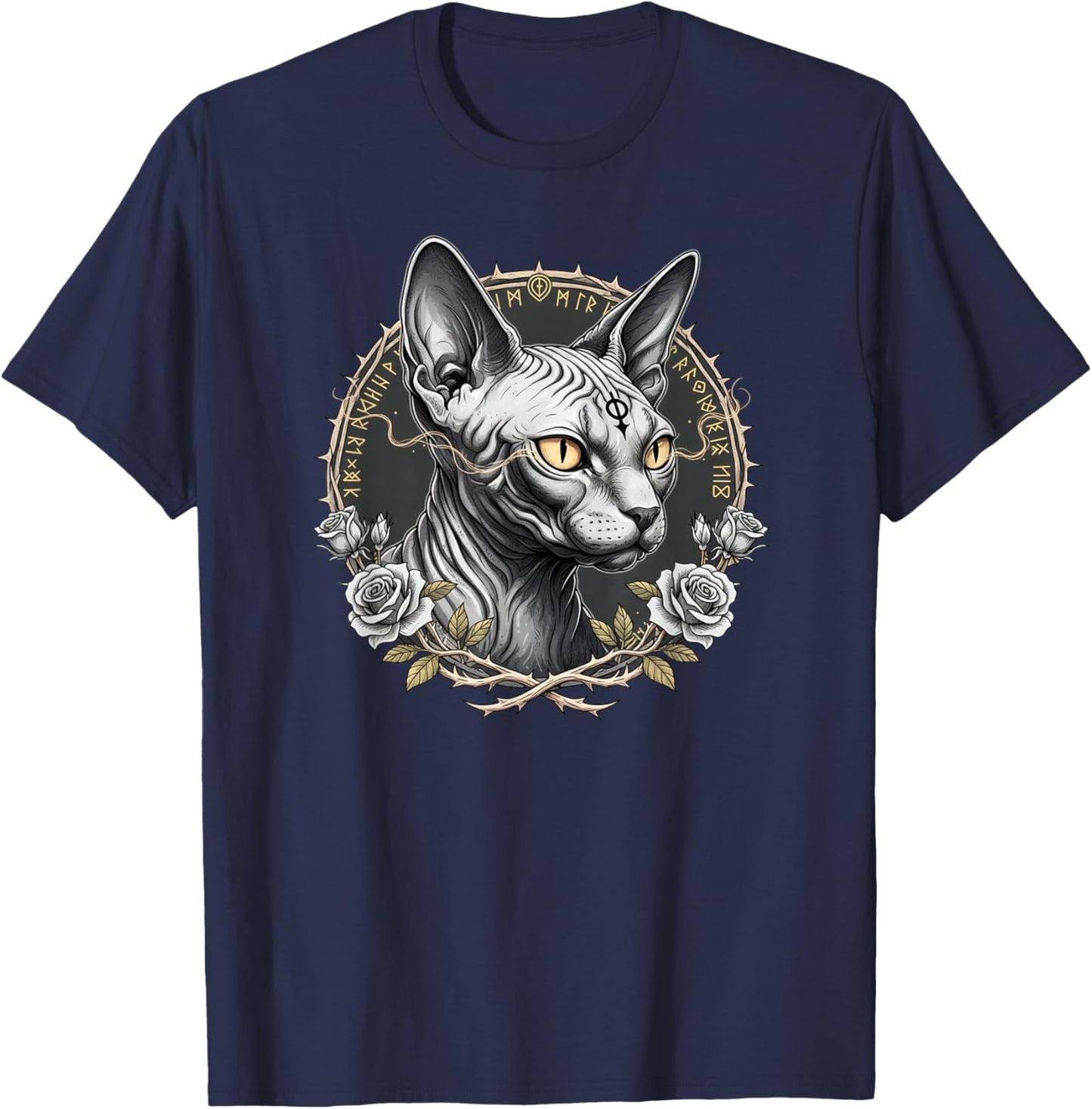 Gothic Sphynx Cat Occult Witchy Sacred Geometry T-Shirt - T-Shirt | Navy