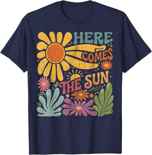 Retro Here Comes The Sun Summer Beach Vacation Gifts T-Shirt - T-Shirt | Navy