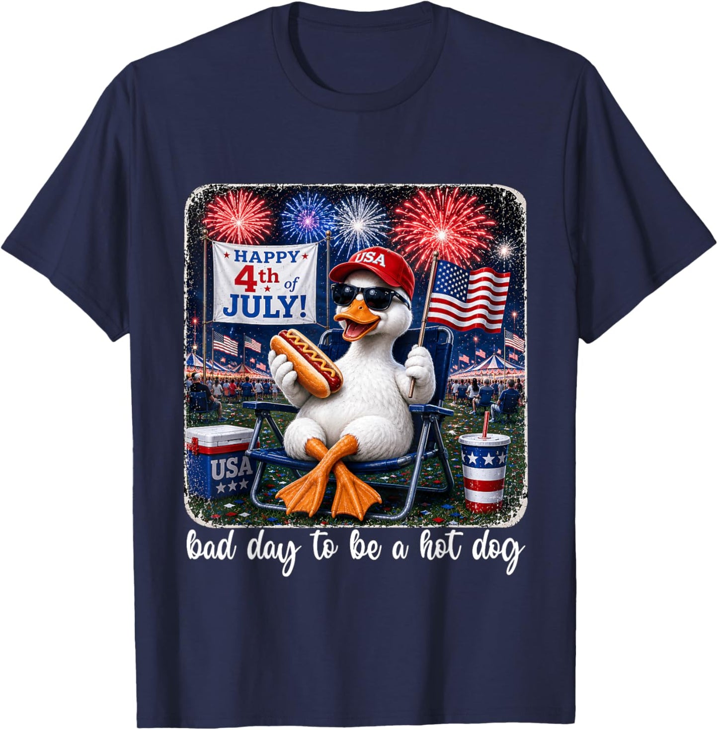 It's A Bad Day to Be A Hotdog Goose Fourth of July Patriotic T-Shirt - T-Shirt | Navy