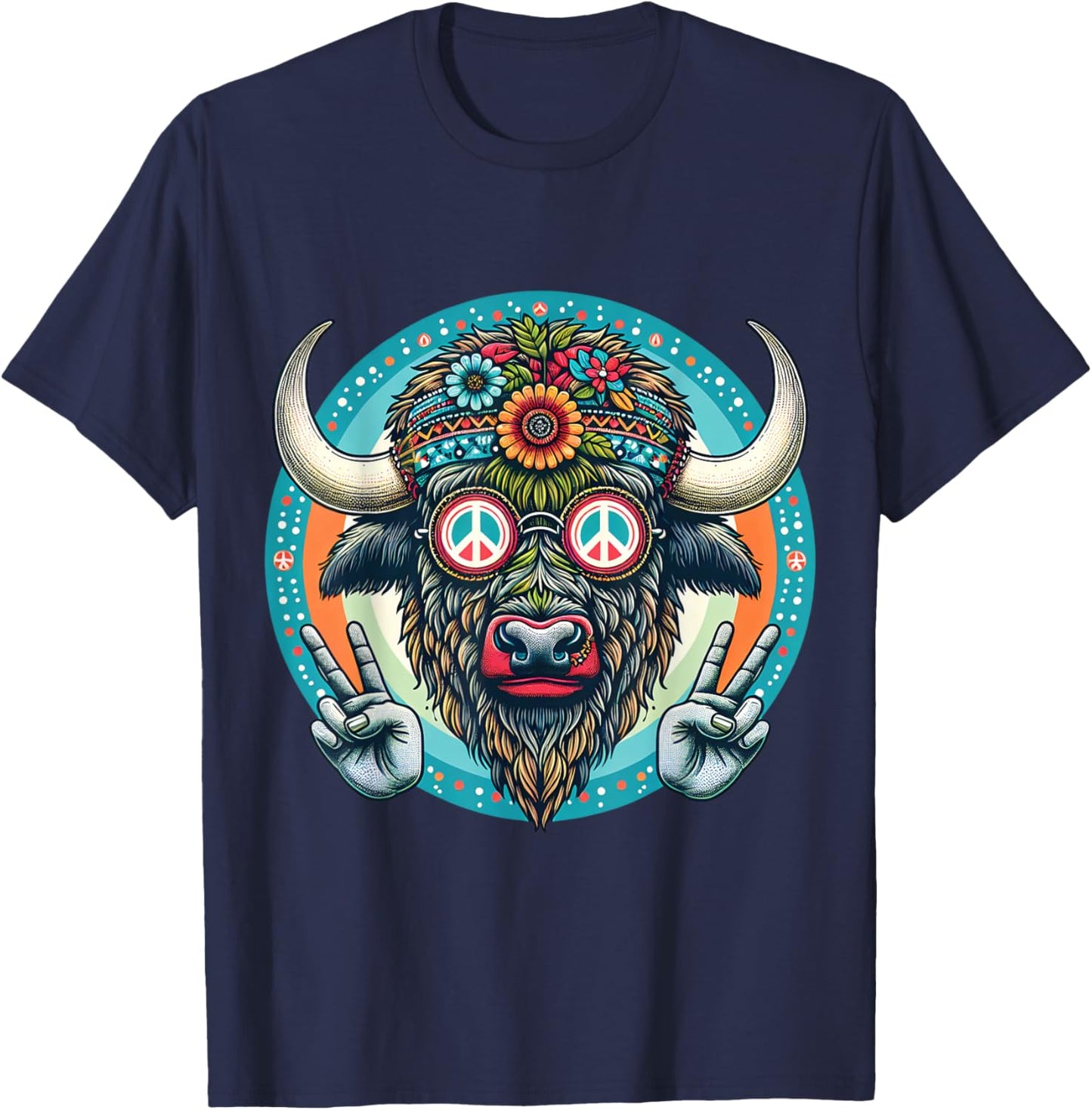 Buffalo Hippie with Peace signs floral T-Shirt - T-Shirt | Navy
