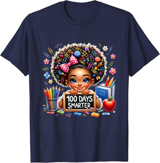 100 Days Smarter Afro Girls Messy Bun 100th Day Of School T-Shirt - T-Shirt | Navy