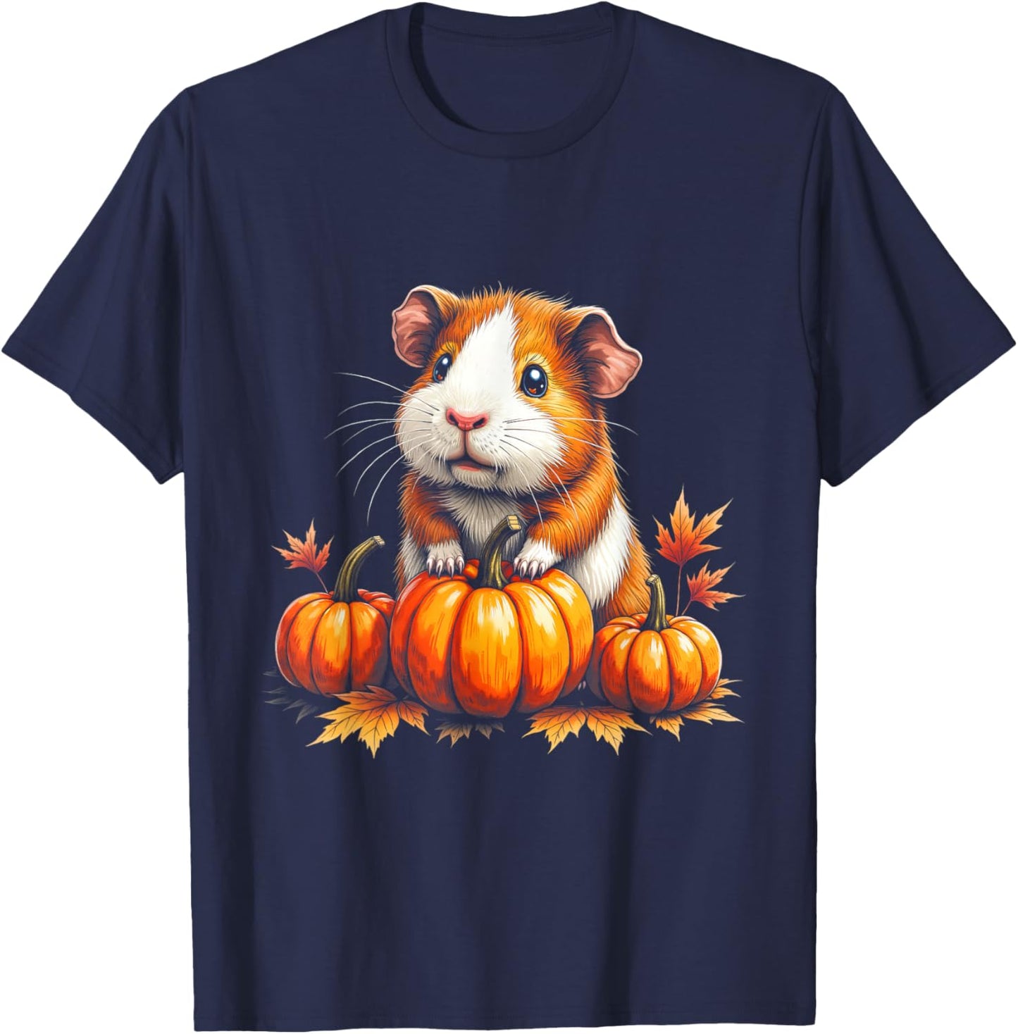 Cute Guinea Pig Fall Vibes Autumn Pumpkins Thanksgiving T-Shirt - T-Shirt | Navy