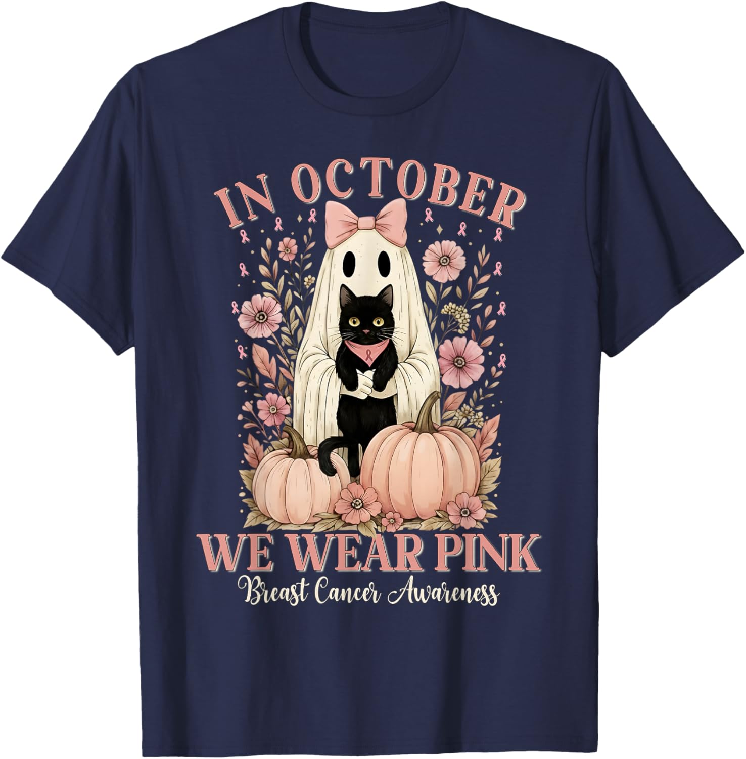 in October We Wear Pink Ghost Halloween Cat Breast Cancer T-Shirt - T-Shirt | Navy