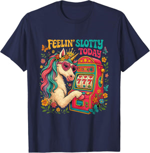 Feelin Slotty Today Unicorn Lucky Gambling Slot Machine T-Shirt - T-Shirt | Navy