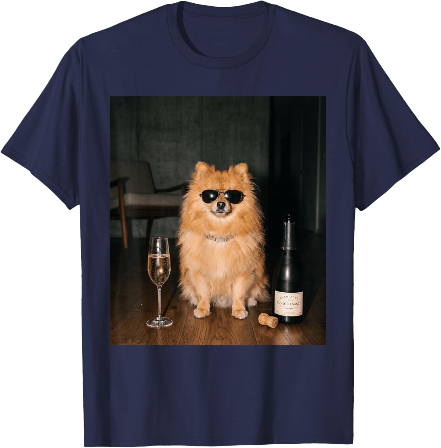 Pomeranian Drinking Champagne Funny Fathers Day T-Shirt - T-Shirt | Navy