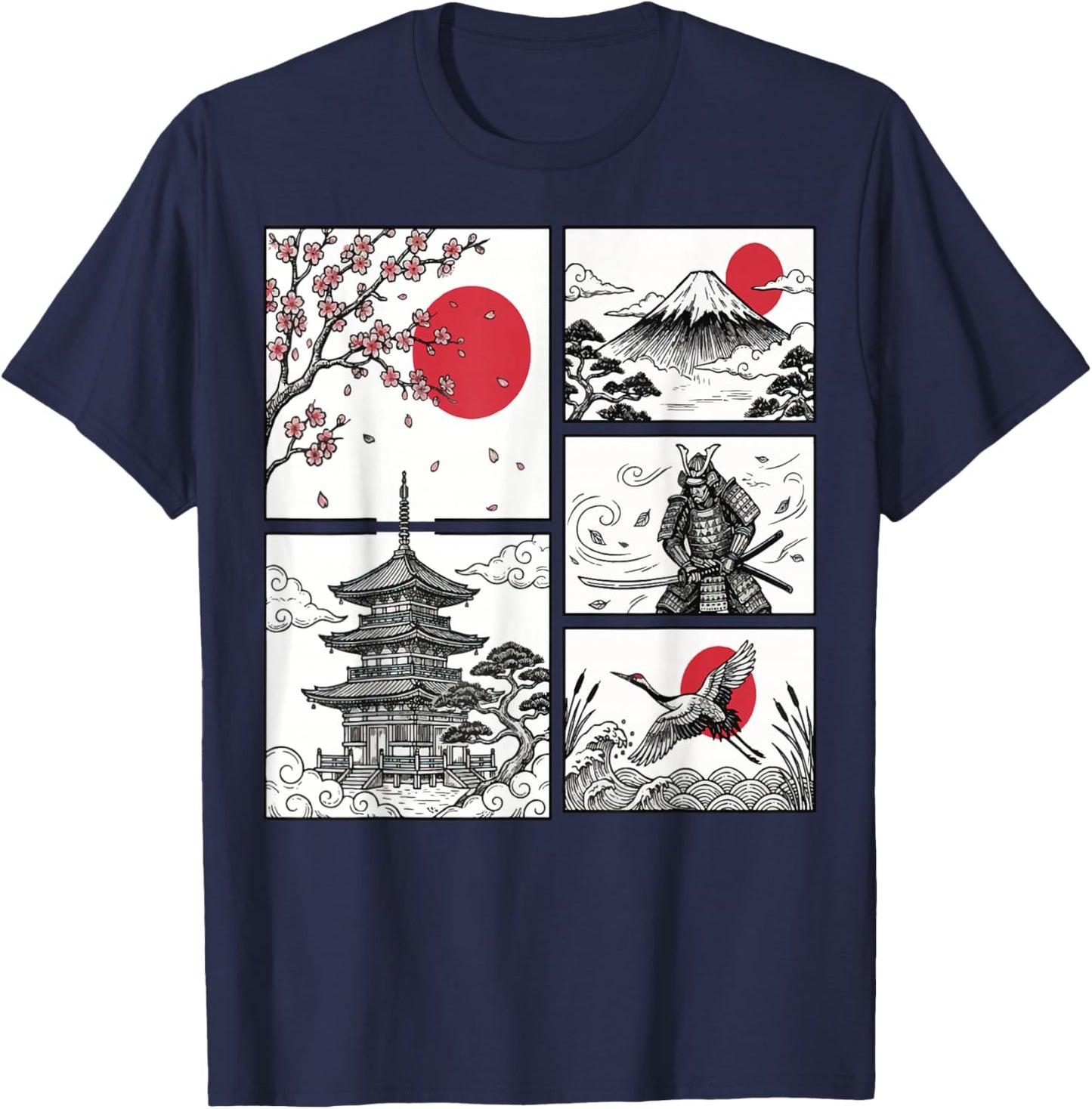 Japanese Art Japan Crane Mt. Fuji T-Shirt - T-Shirt | Navy