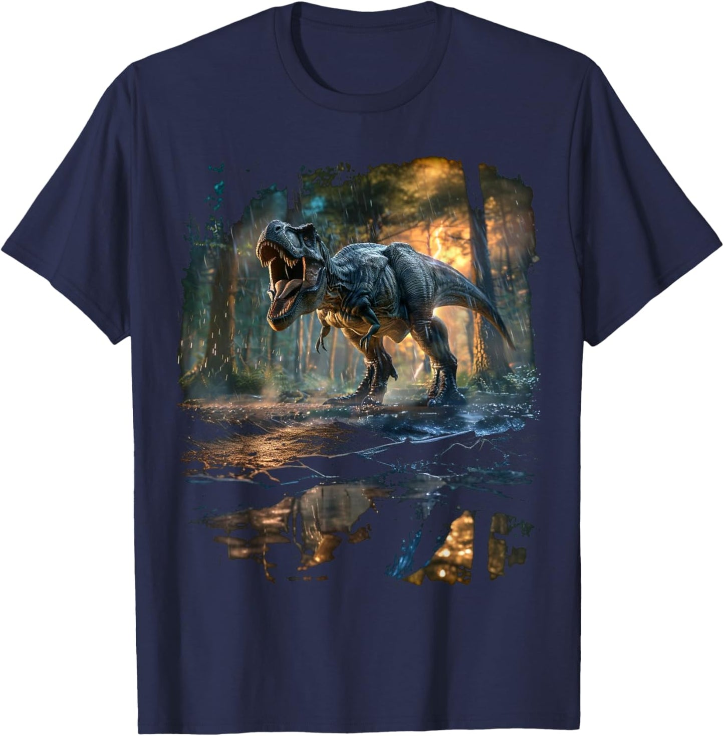 T-Rex Dinosaur Roaring at Night Realistic Graphic Design , black, S T-Shirt - T-Shirt | Navy