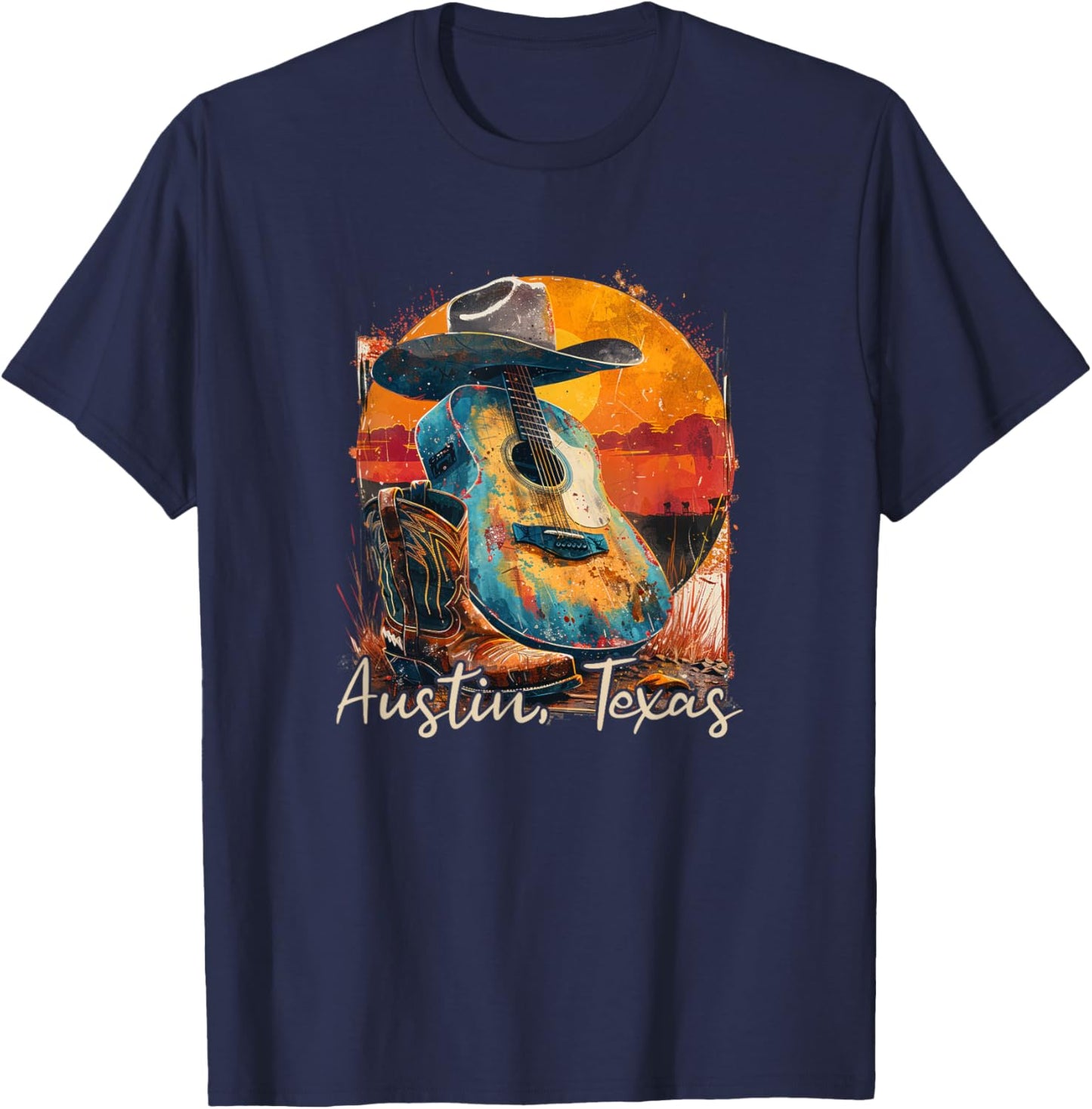 Austin Texas TX | Guitar Musician Cowboy T-Shirt - T-Shirt | Navy
