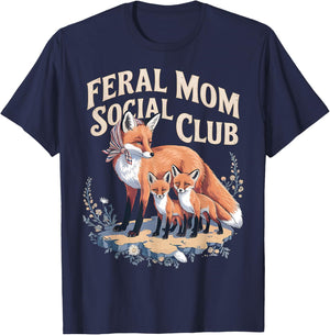 Feral Moms Social Club Mama Fox And Her Kits Wildlife Lover T-Shirt - T-Shirt | Navy