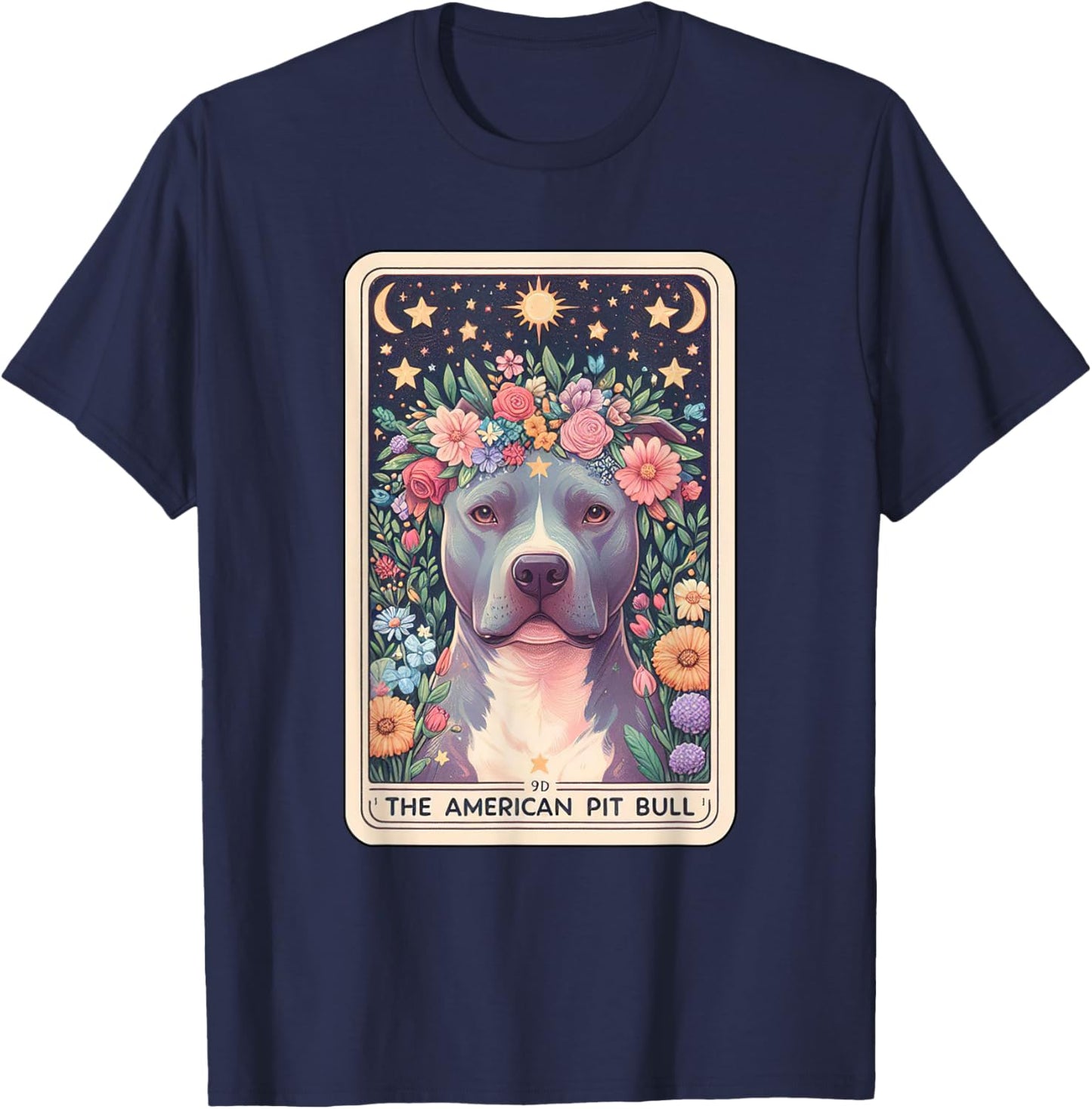 Pitbull Dog Floral Boho Flowers Tarot Card T-Shirt - T-Shirt | Navy