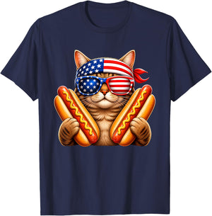 Funny Cat Hotdog 4th of July Patriotic USA Flag Men Women T-Shirt - T-Shirt | Navy