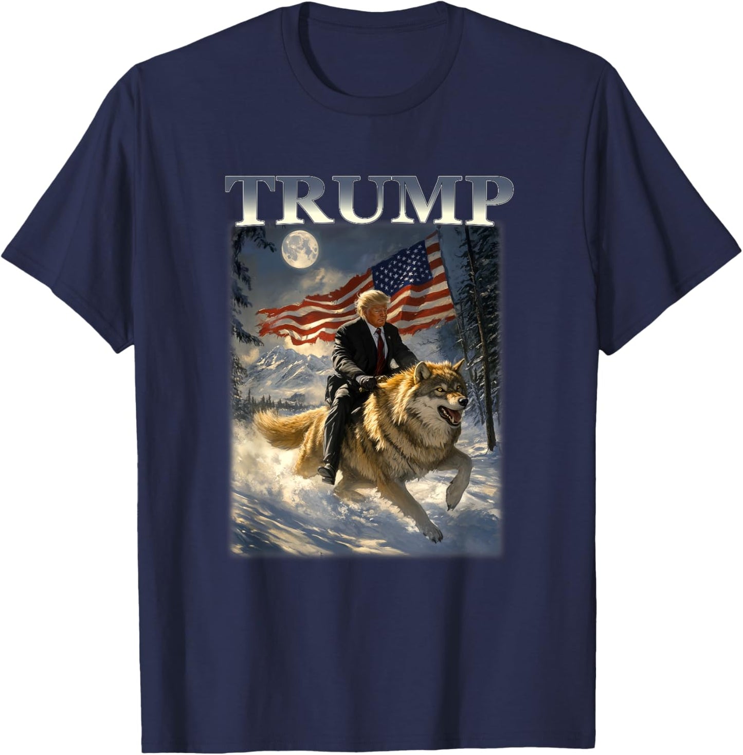 Donald Trump 2024 Riding Wolf American Flag T-Shirt - T-Shirt | Navy