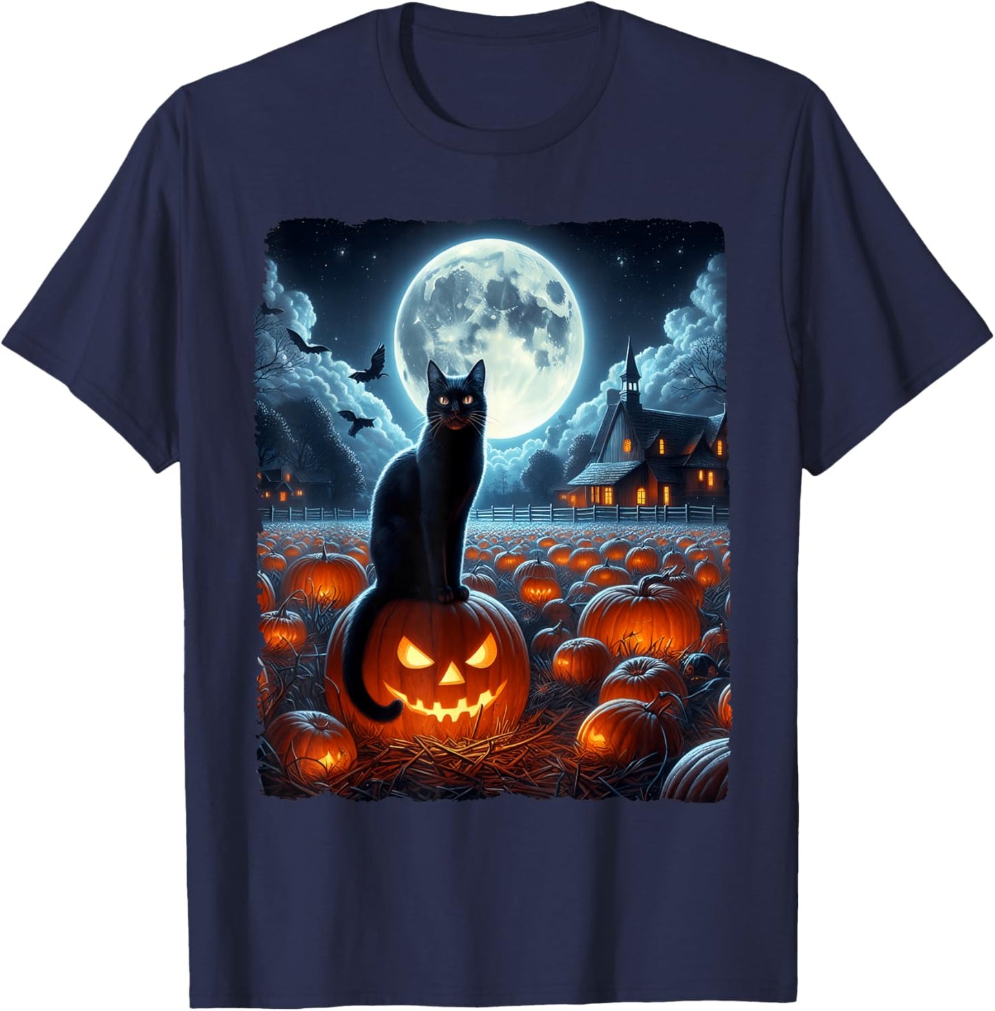 Black Cat Halloween Cat Lovers Starry Night Cat Van Gogh Cat T-Shirt - T-Shirt | Navy