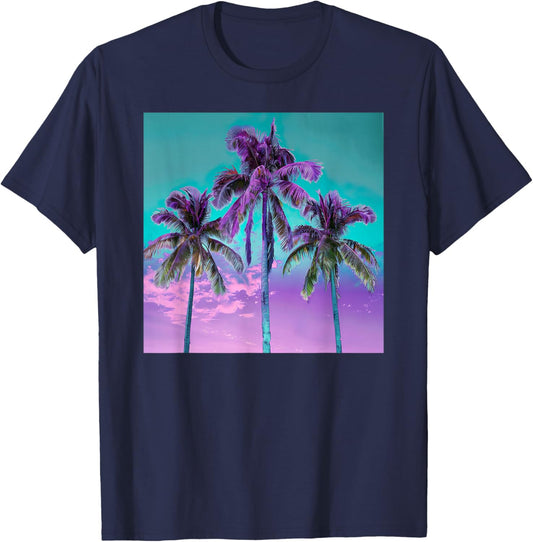 Palm Tree Tropical Teal Turquoise Purple T-Shirt - T-Shirt | Navy