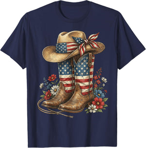 Western Cowboy Boots USA Flag 4th of July Patriotic Cowgirl T-Shirt - T-Shirt | Navy