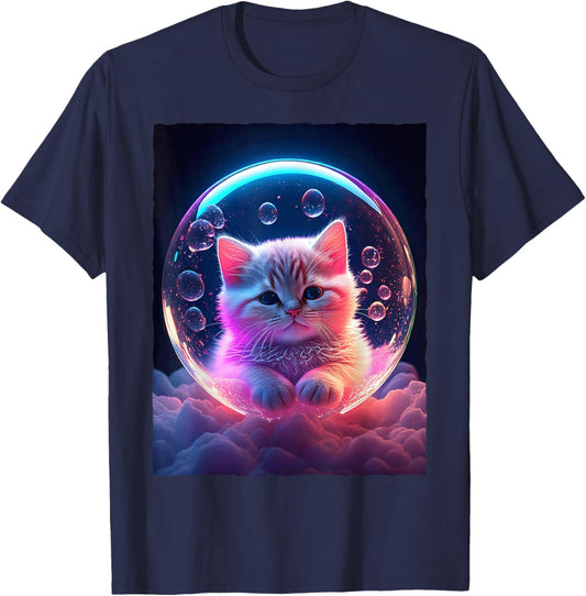 Cute Cat In Bubble Space Galaxy Kitten Kawaii Aesthetic T-Shirt - T-Shirt | Navy