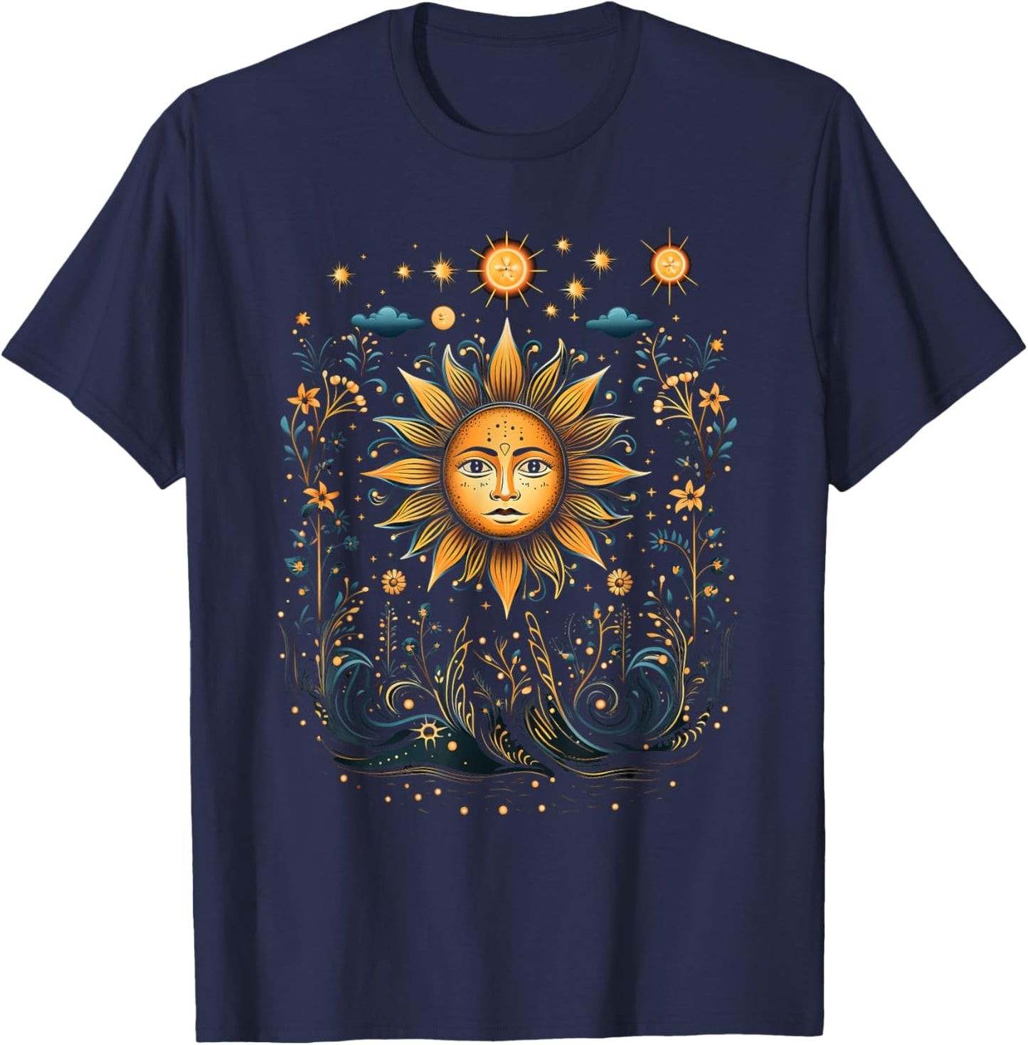 Mystic Sun and Moon Woman Mystical Flowers Aesthetic T-Shirt - T-Shirt | Navy