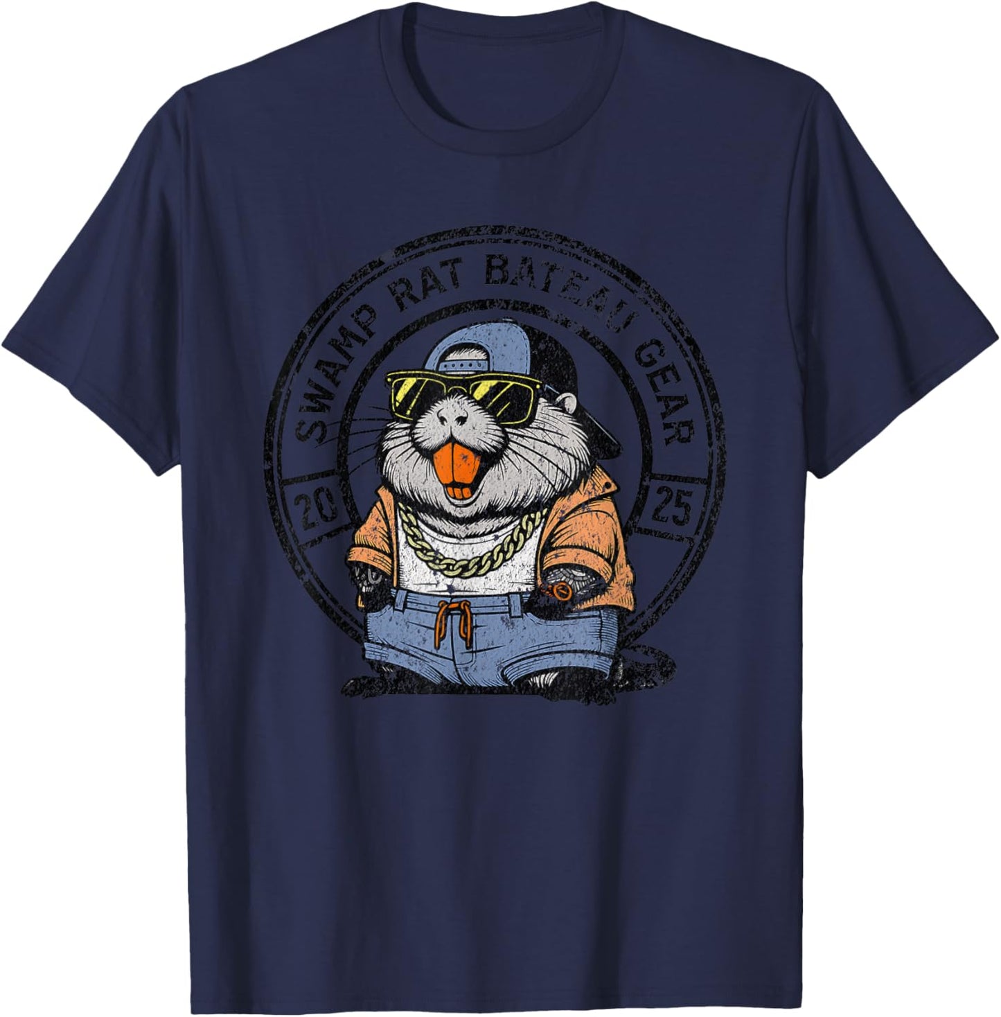 Louisiana Swamp Rat Bateau Gear Fun Nutria Rat Orange Teeth T-Shirt - T-Shirt | Navy