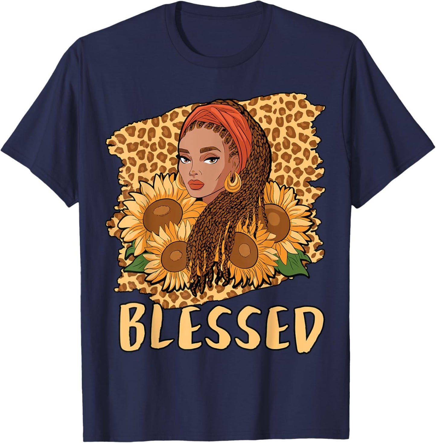 Blessed Black Queen Locs Leopard Sunflower God History Pride T-Shirt - T-Shirt | Navy
